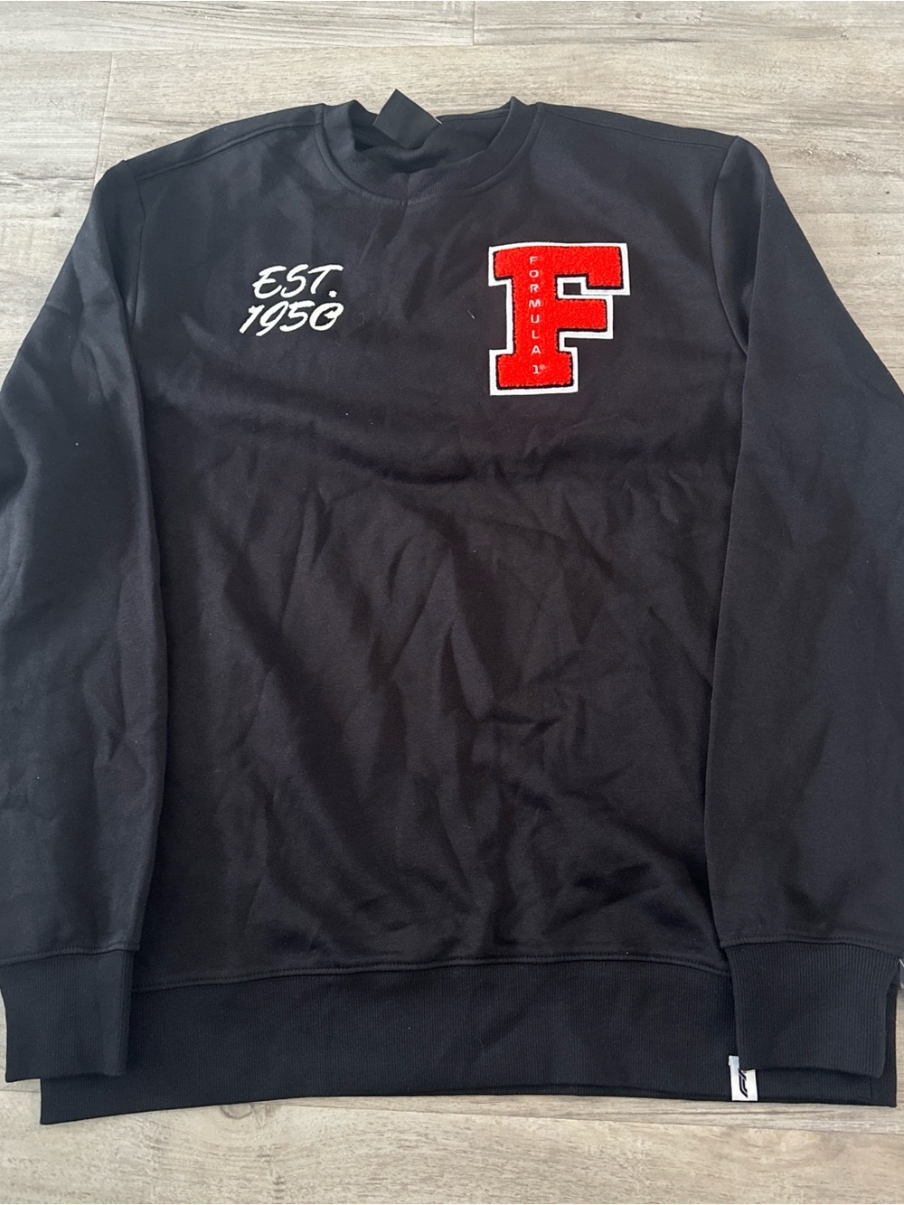 Men's Black Crewneck Sweater with Red Letter Patch